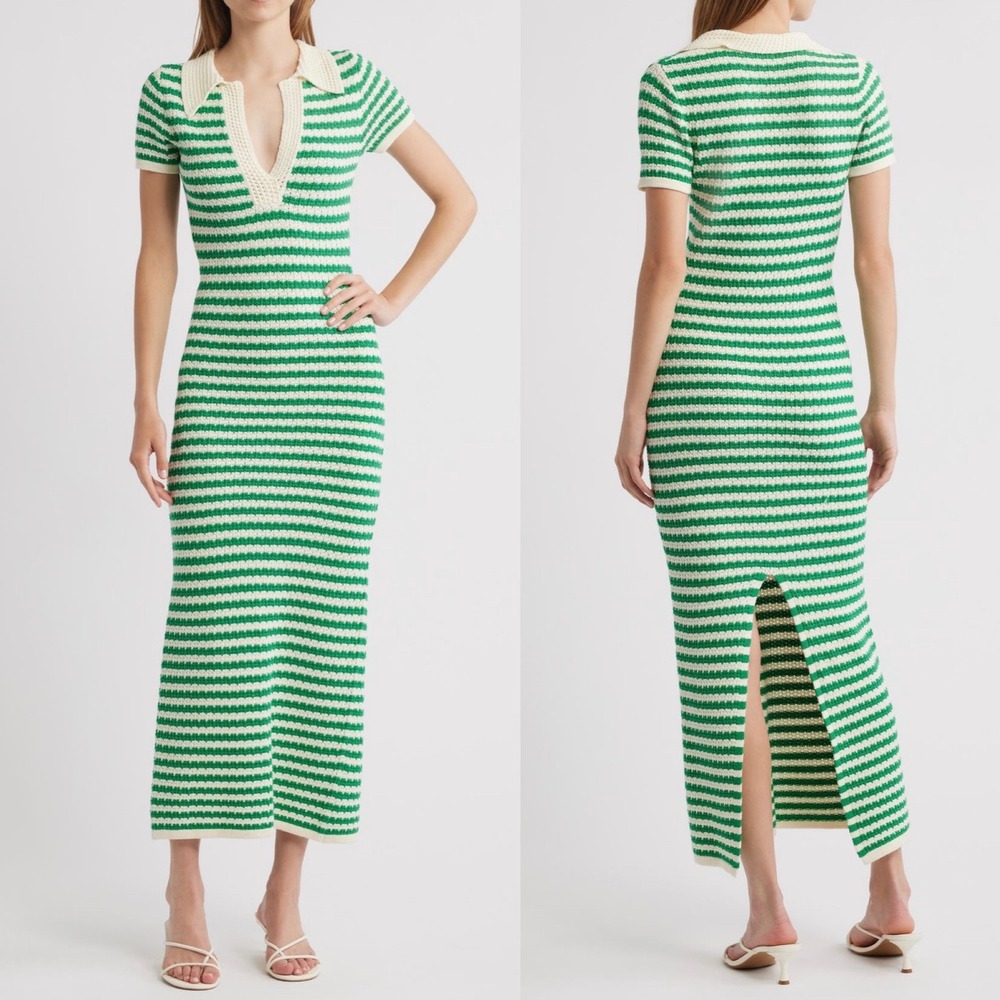 Moon River Green and White Striped Knit Maxi Dress